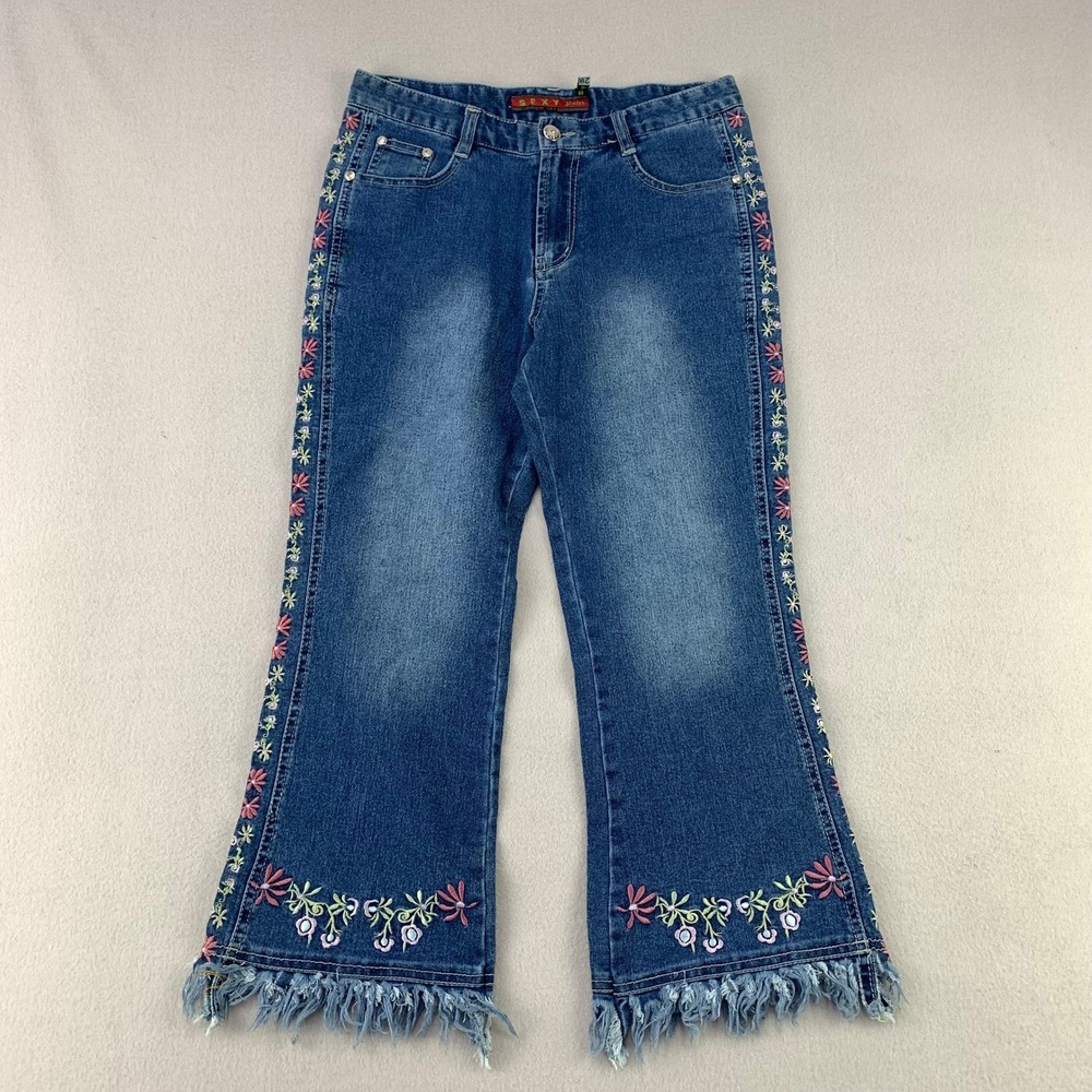 Vintage Y2K Jeans Embroidered Crop Jeans Women 28 Blue Floral Fringed Hem Flare